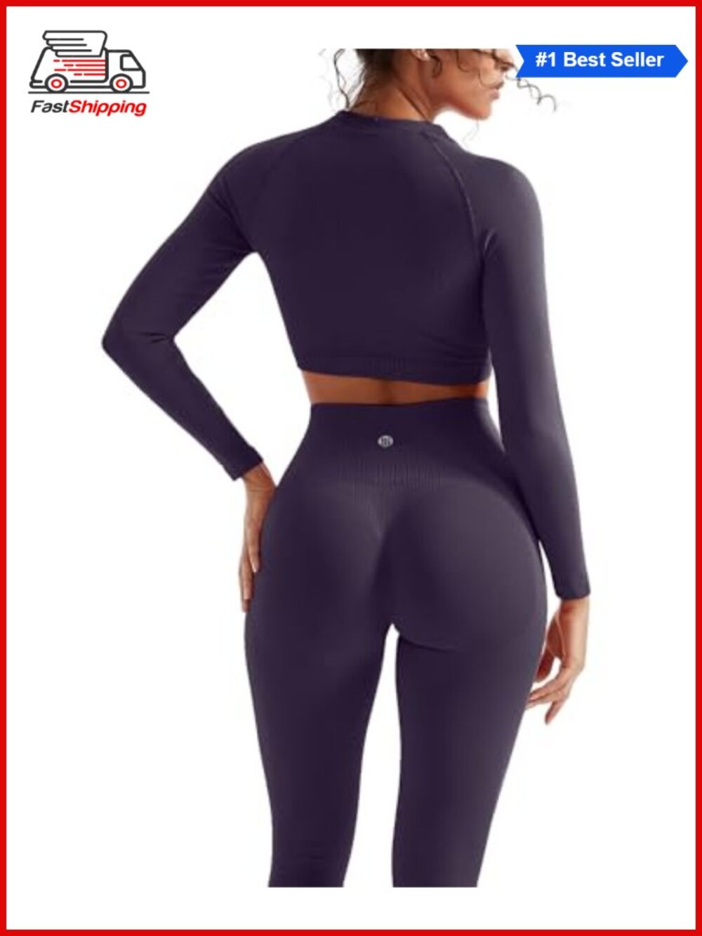 ✨SUUKSESS Nylon Spandex Leggings Set Seamless Ribbed Long Sleeve Crop Top Gym